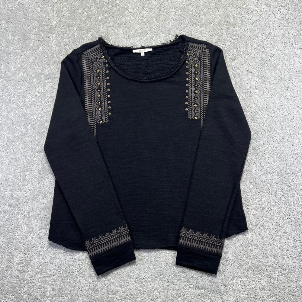 Miss Me Longsleeve Shirt Womens Large Black Studded Embroidered Boho Wide Neck